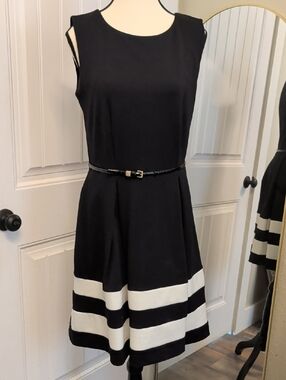 Ellen Tracy Black Sleeveless Midi Dress with White Hem Stripes